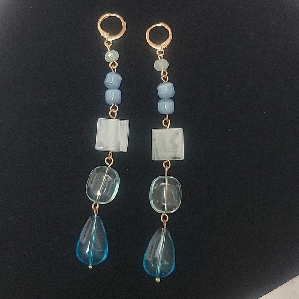 Gold Metal with Blue and Green Stone Drop Earrings